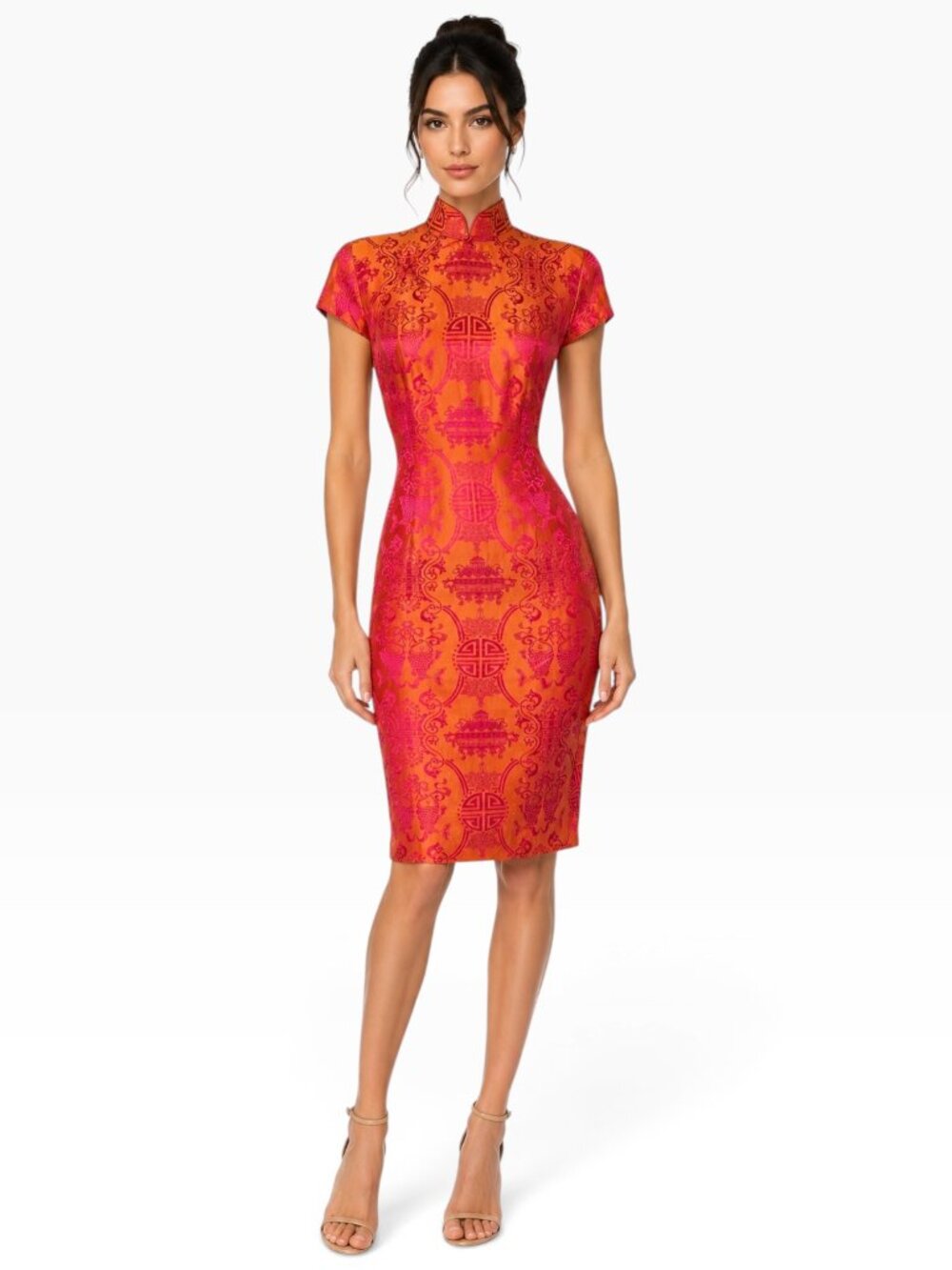 Shanghai Tang Qipao Cheongsam Orange Pink Silk Embossed Dress 10